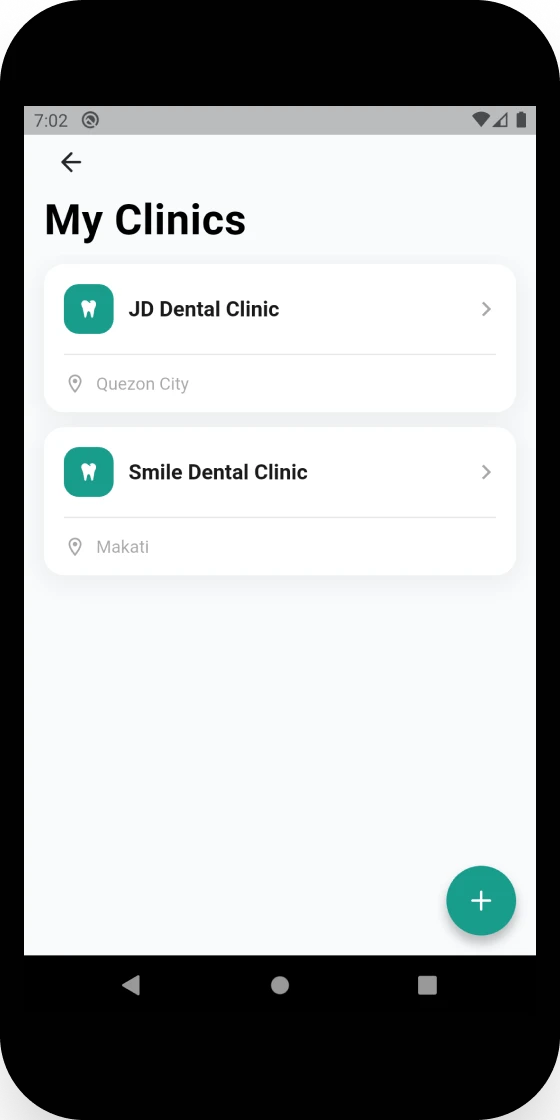 Dental Record app showing a dentist's list of managed clinic locations