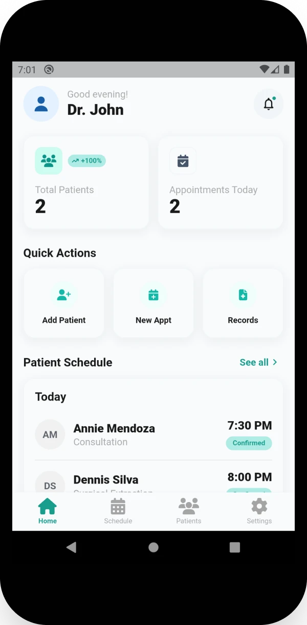 Dental Record app dashboard showing total patients, today's appointments and the patient schedule