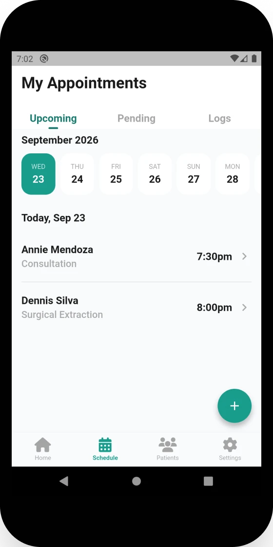 Dental Record app appointment scheduling screen with upcoming appointments